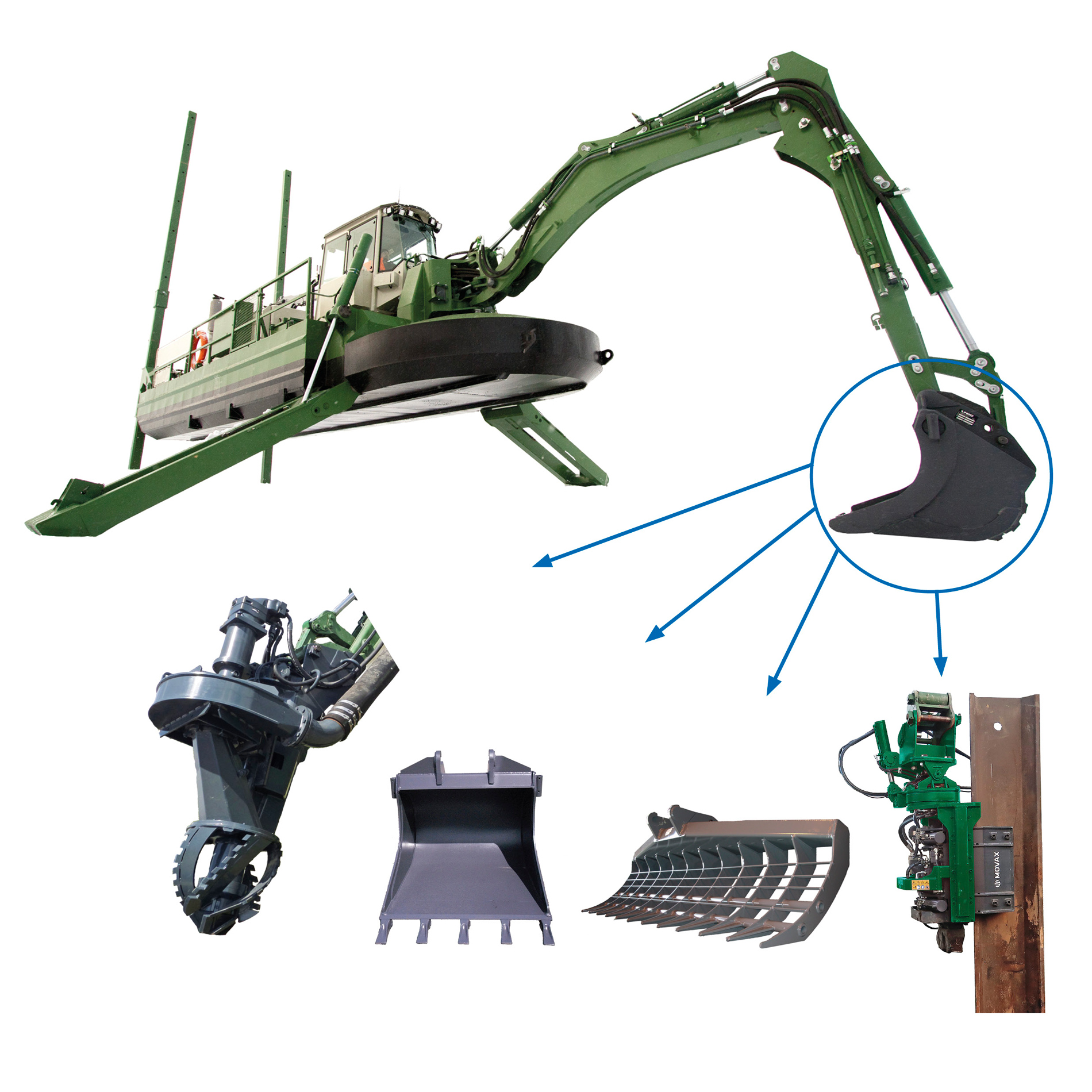 Watermaster multipurpose amphibious dredger dredging, excavating, raking, and pile driving