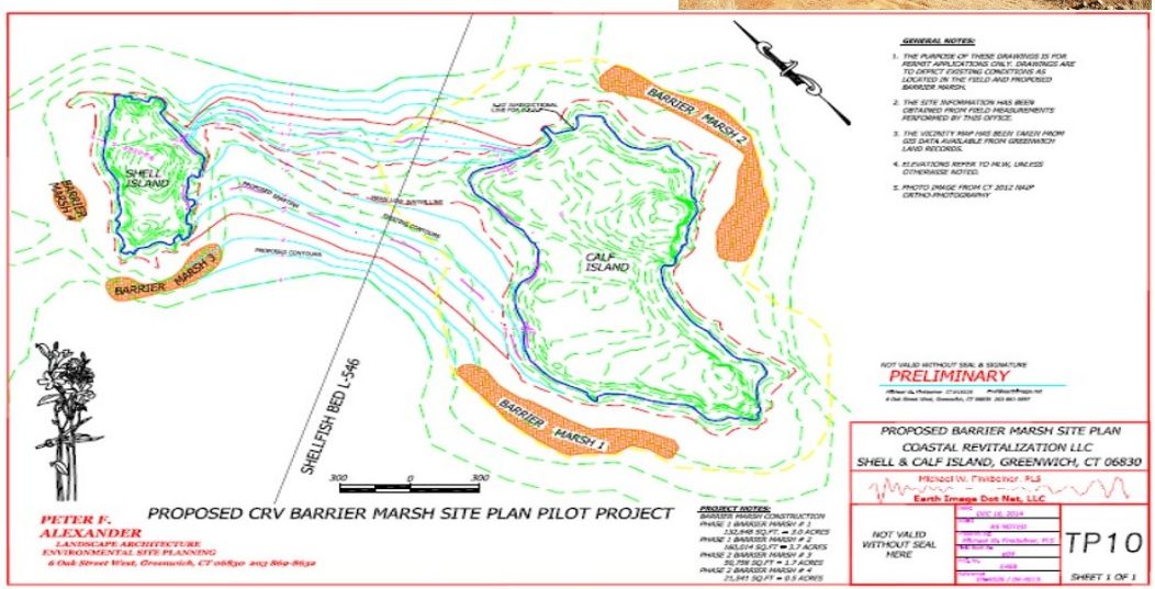 Proposed CReV barrier marsh site plan pilot project for Shell and Calf Island, Greenwich CT